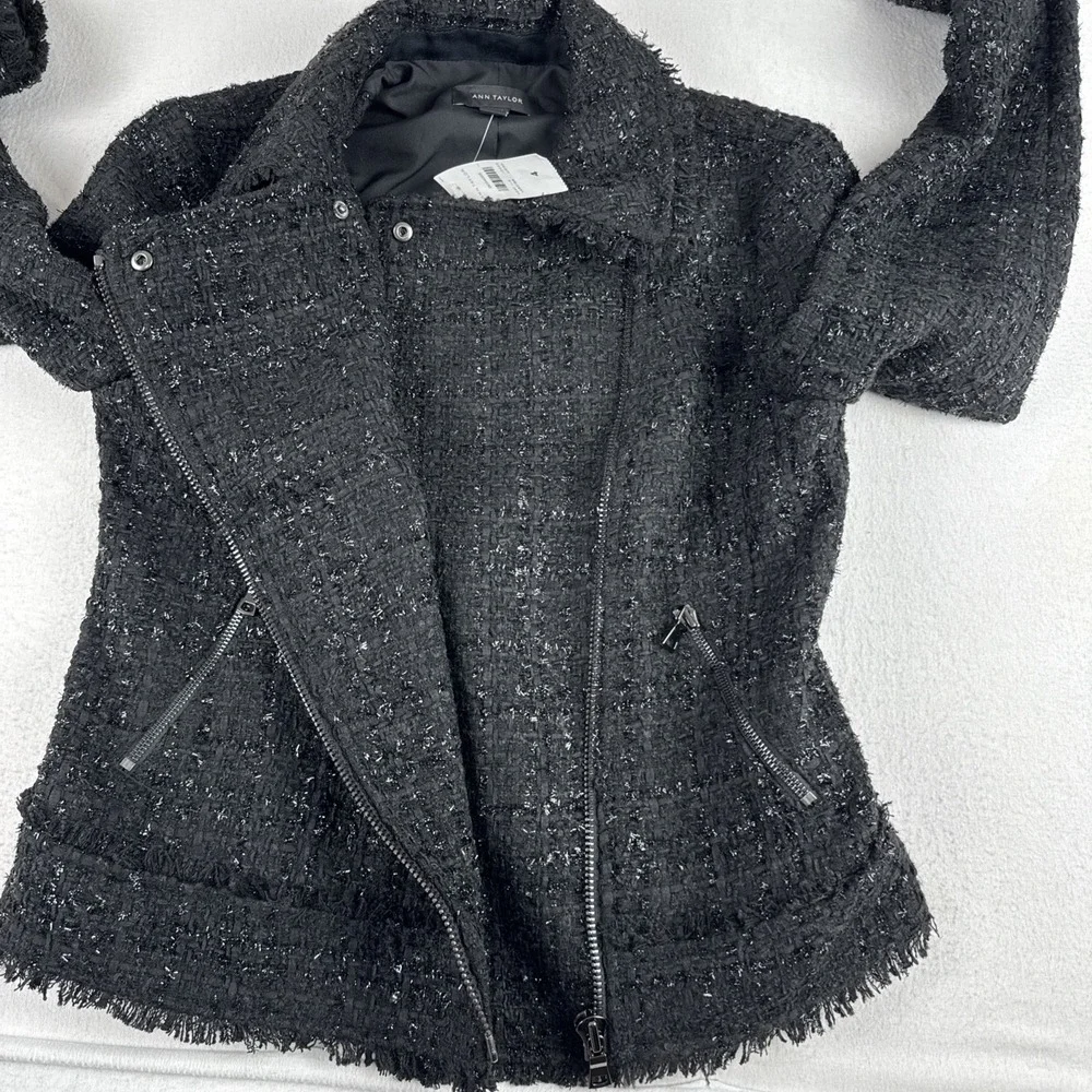 New! Ann Taylor Womens Black Tweed Sparkle Asymmetrical Zip Jacket Size 4